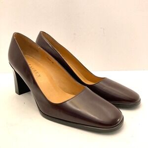 VTG RALPH LAUREN Burgundy Leather Square Toe Slip on Pumps Womens‎ 10B Spain
